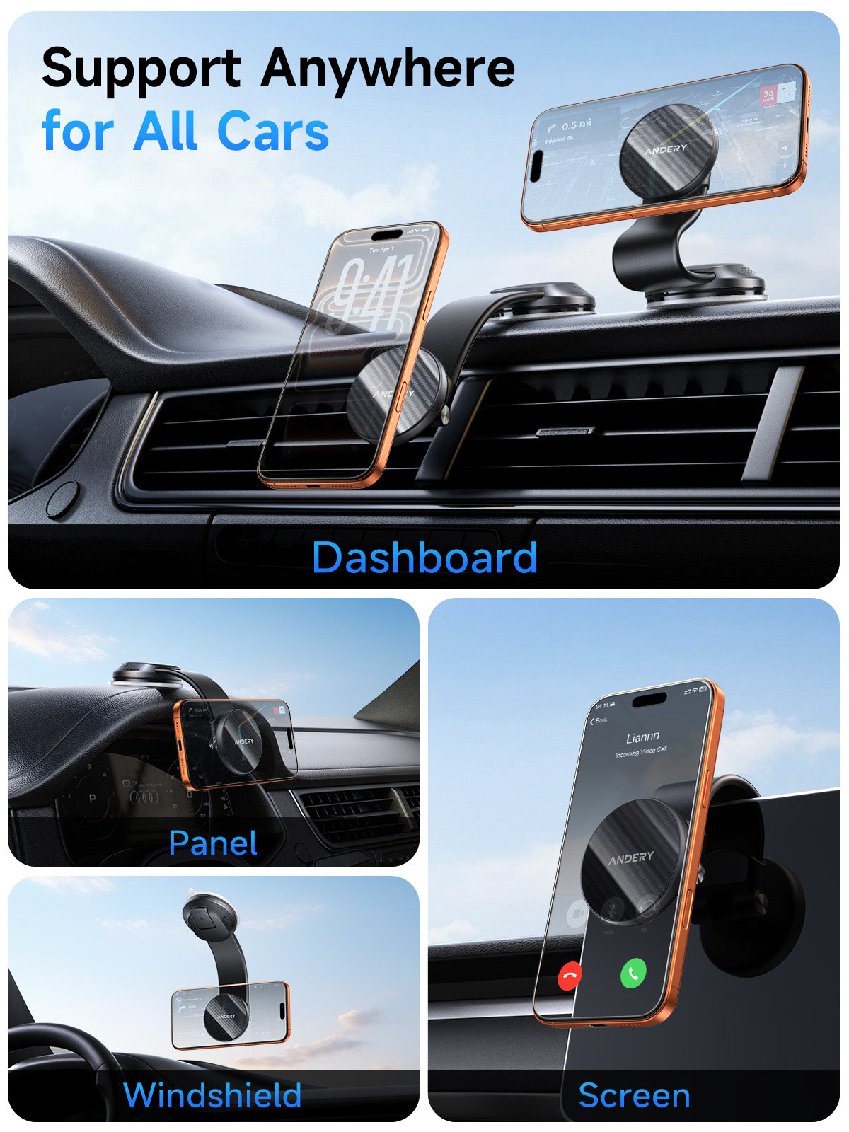 The ANDERY MagSafe car mount keeps the phone visible without distracting the driver.