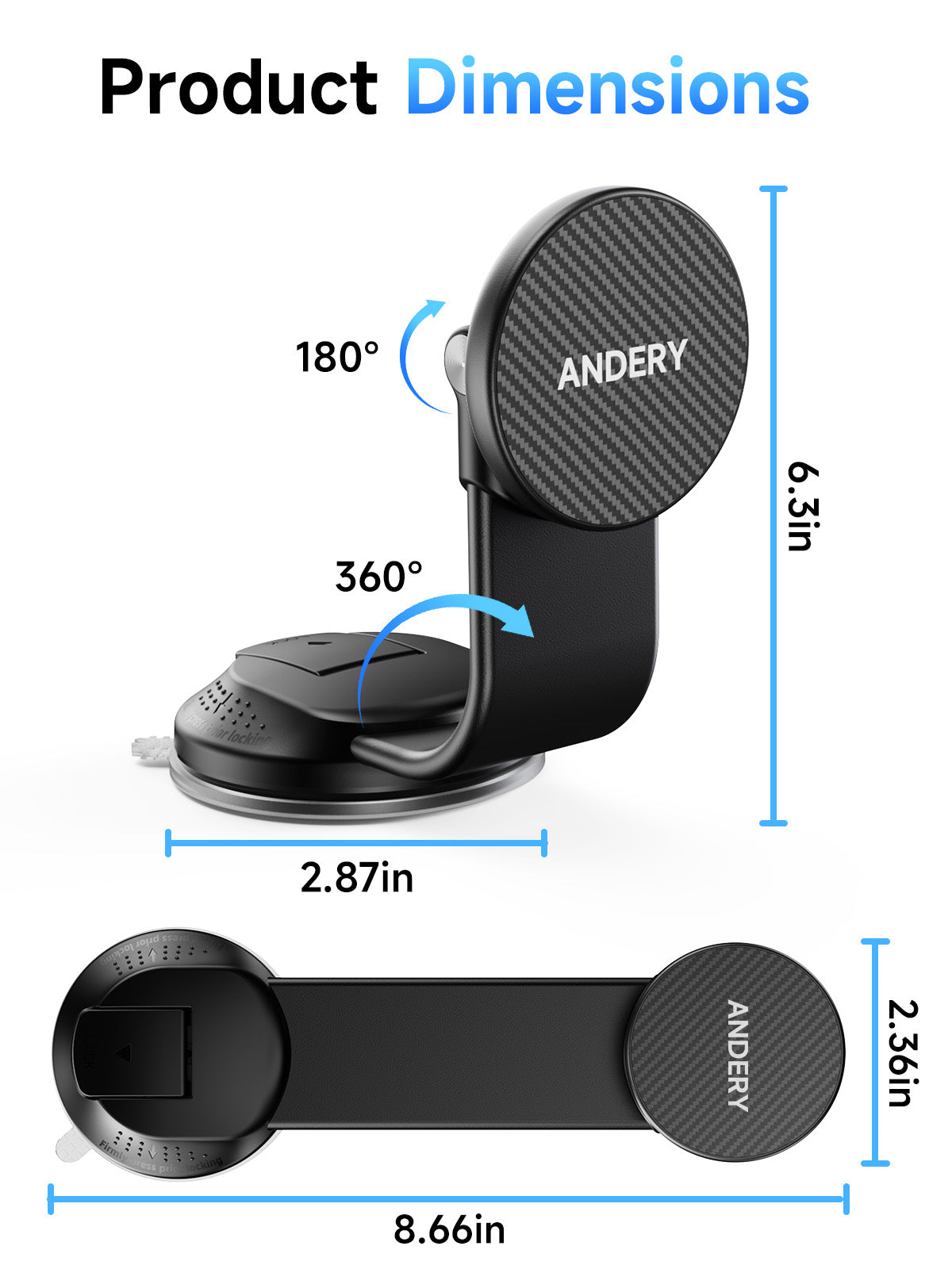 360-degree magnetic phone holder for dashboard and glass mounting.