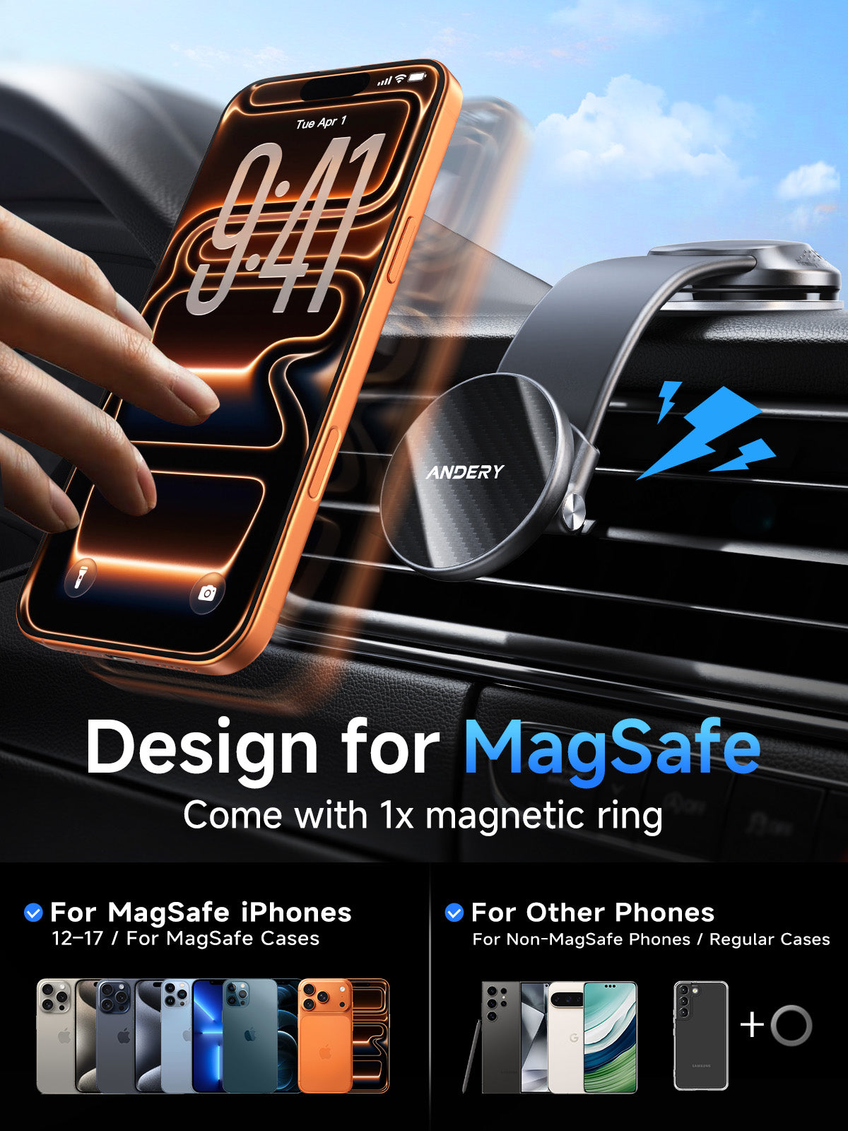 Windshield magnetic charger with 3-in-1 MagSafe compatibility.