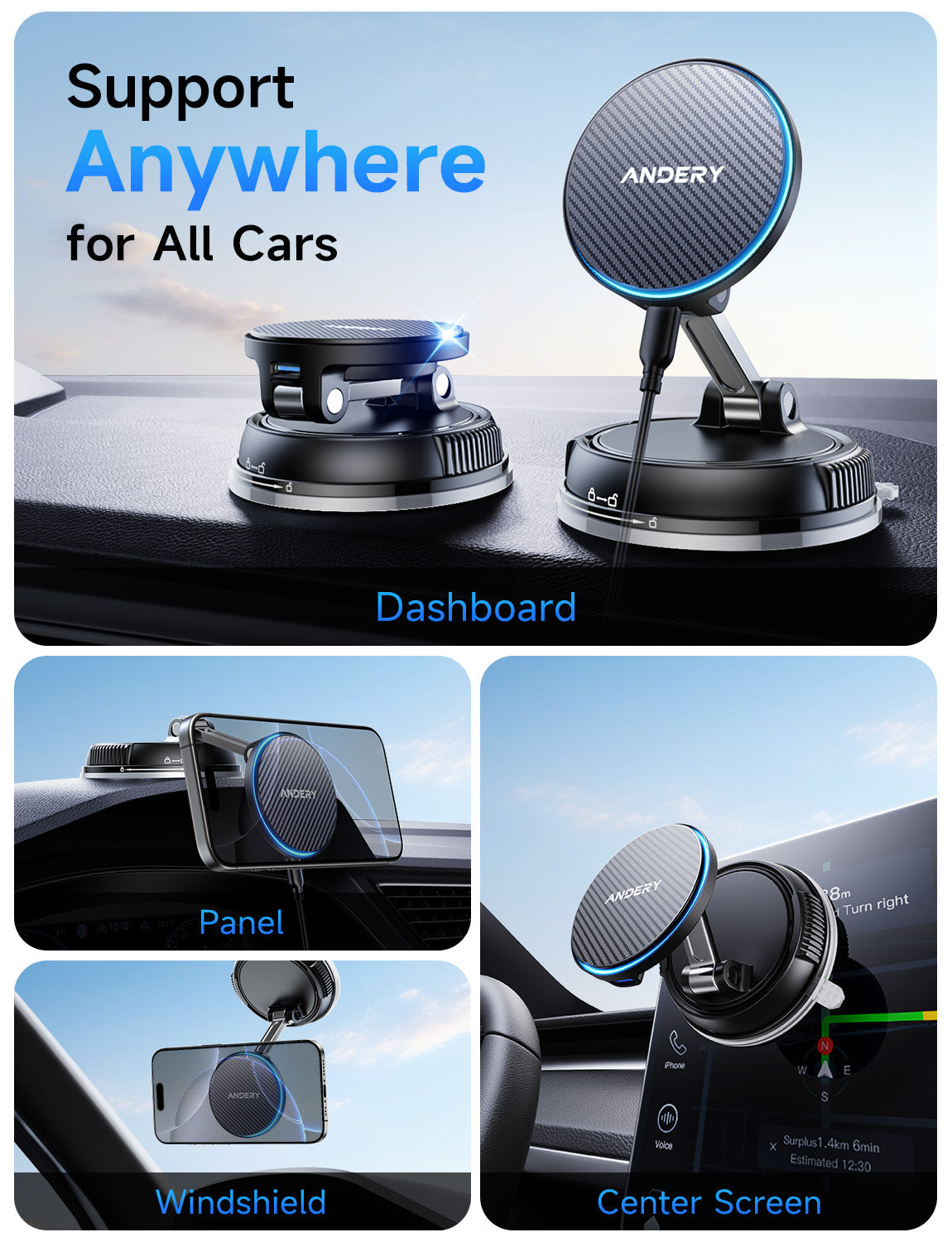 Using the ANDERY MagSafe car mount, the driver easily follows GPS directions hands-free.