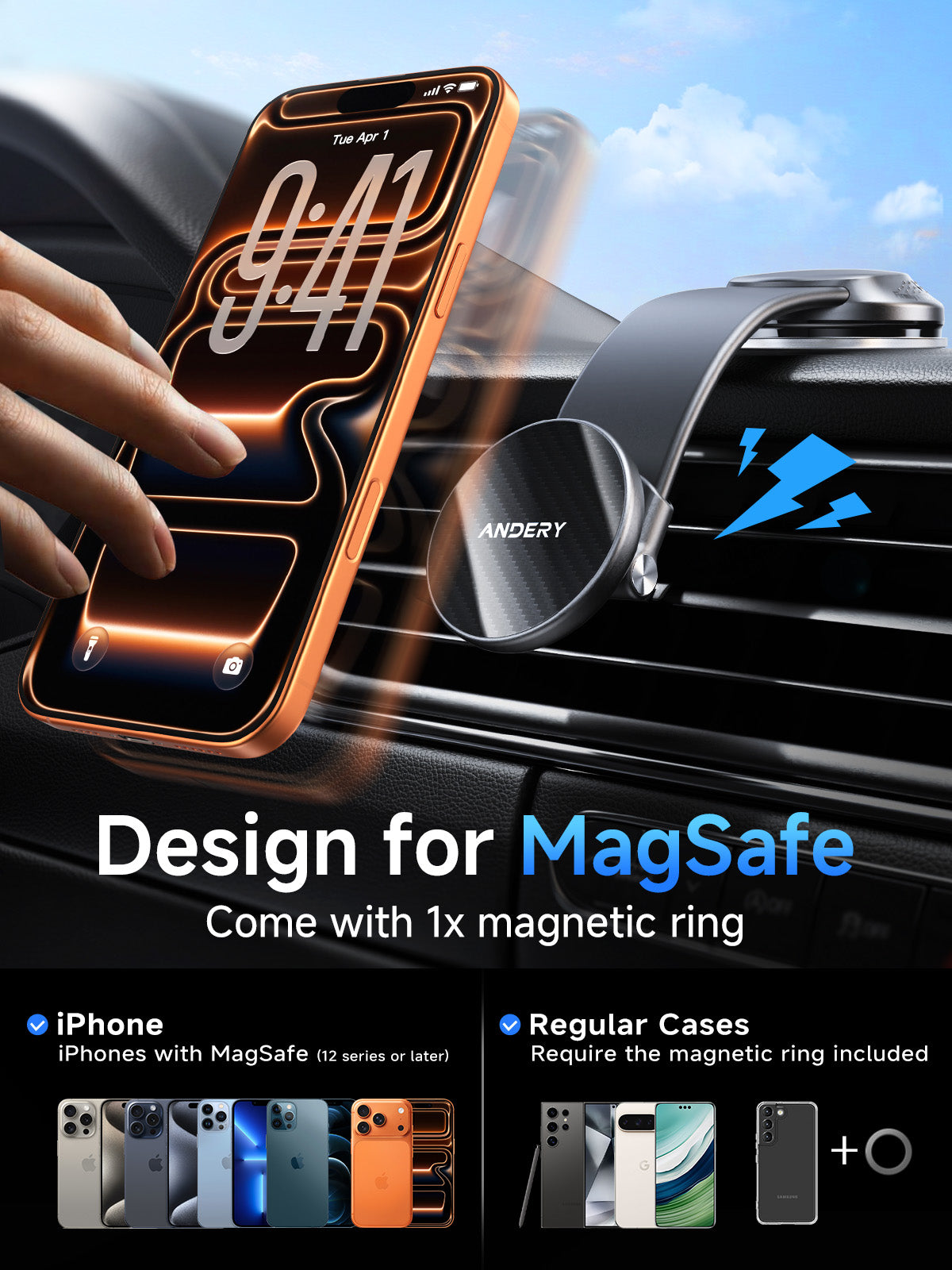 The ANDERY MagSafe car mount keeps the phone visible without distracting the driver.