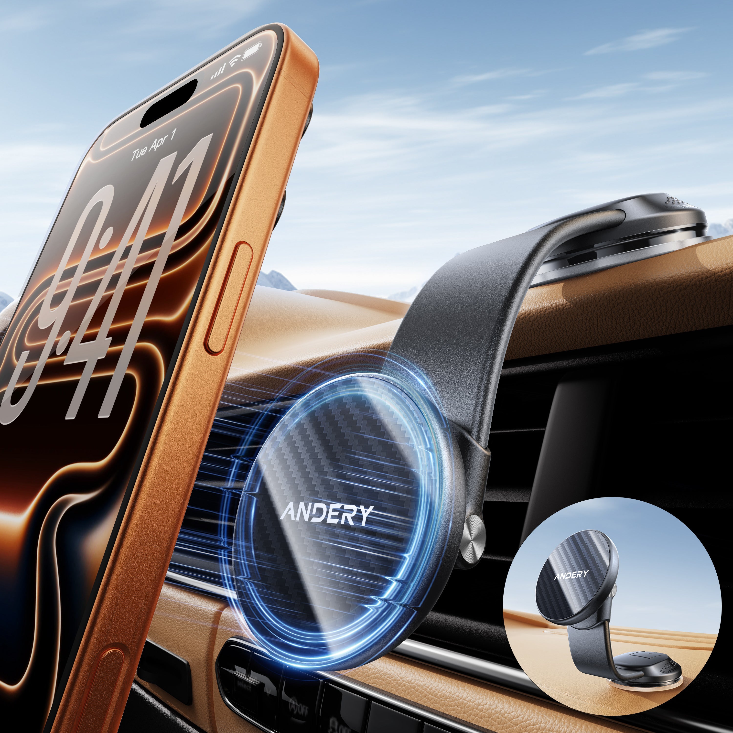The ANDERY MagSafe car mount keeps the phone visible without distracting the driver.