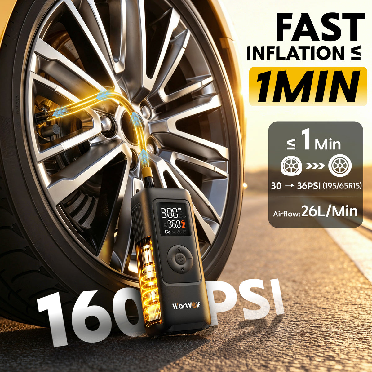 WarWolf Smart Heavy Duty Tire Inflator, Auto Shut-Off at Target PSI, Portable Air Compressor, 160PSI Fast Air Pump Cordless Rechargeable & 12V DC Power, Pressure Gauge for Cars, Bikes, Motorcycles and Balls