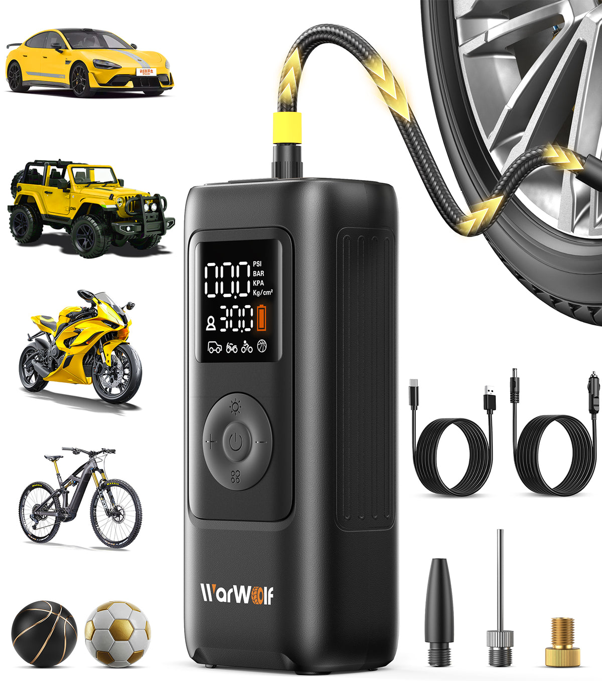 WarWolf Smart Heavy Duty Tire Inflator, Auto Shut-Off at Target PSI, Portable Air Compressor, 160PSI Fast Air Pump Cordless Rechargeable & 12V DC Power, Pressure Gauge for Cars, Bikes, Motorcycles and Balls