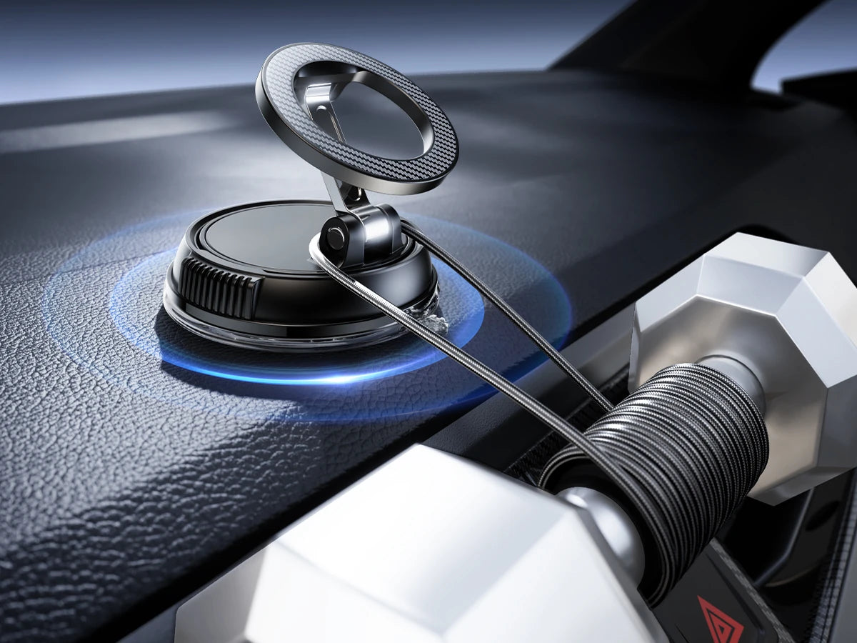 Close-up of ANDERY MagSafe car mount with strong suction base installed on a car dashboard