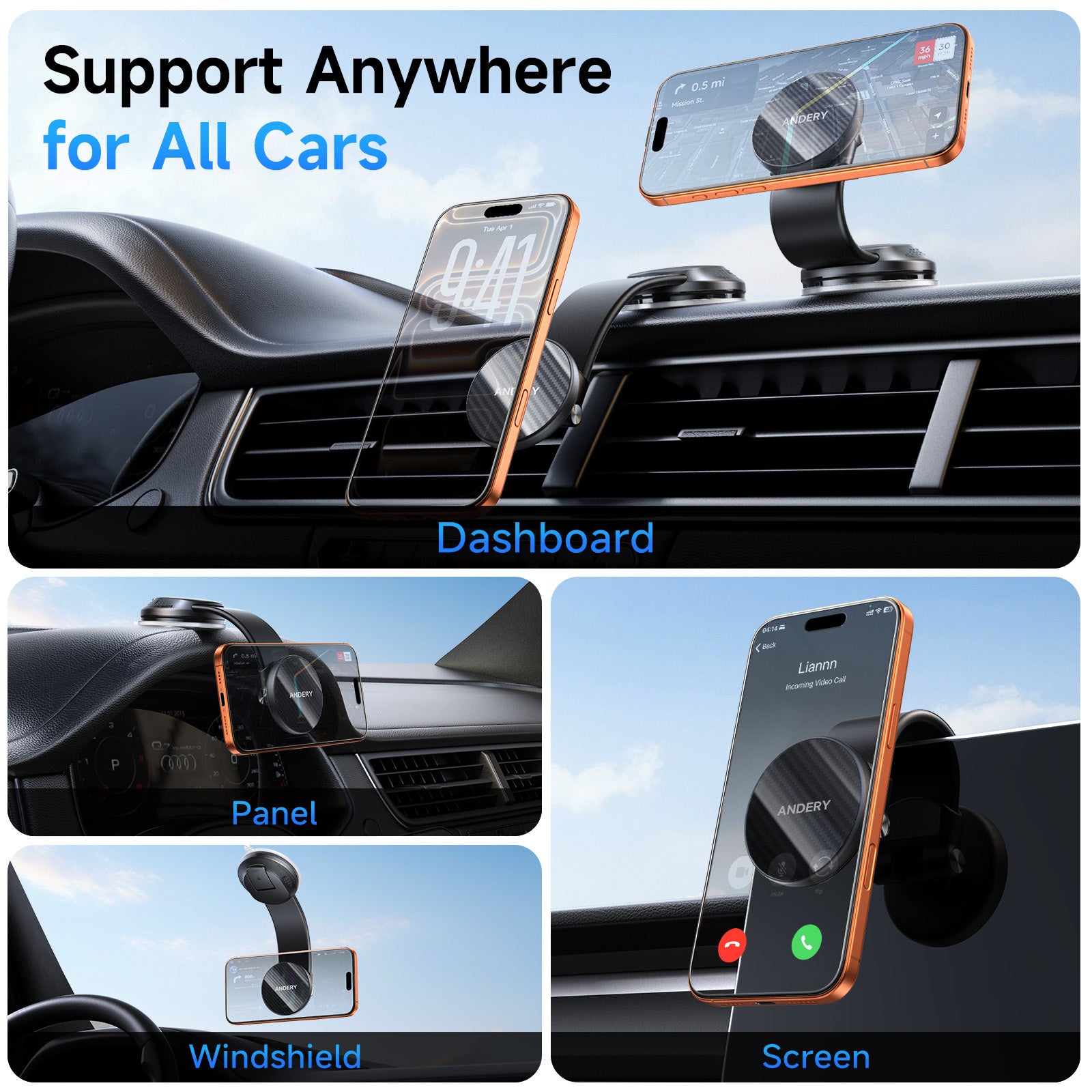 Windshield magnetic mount for 360-degree distraction-free driving.