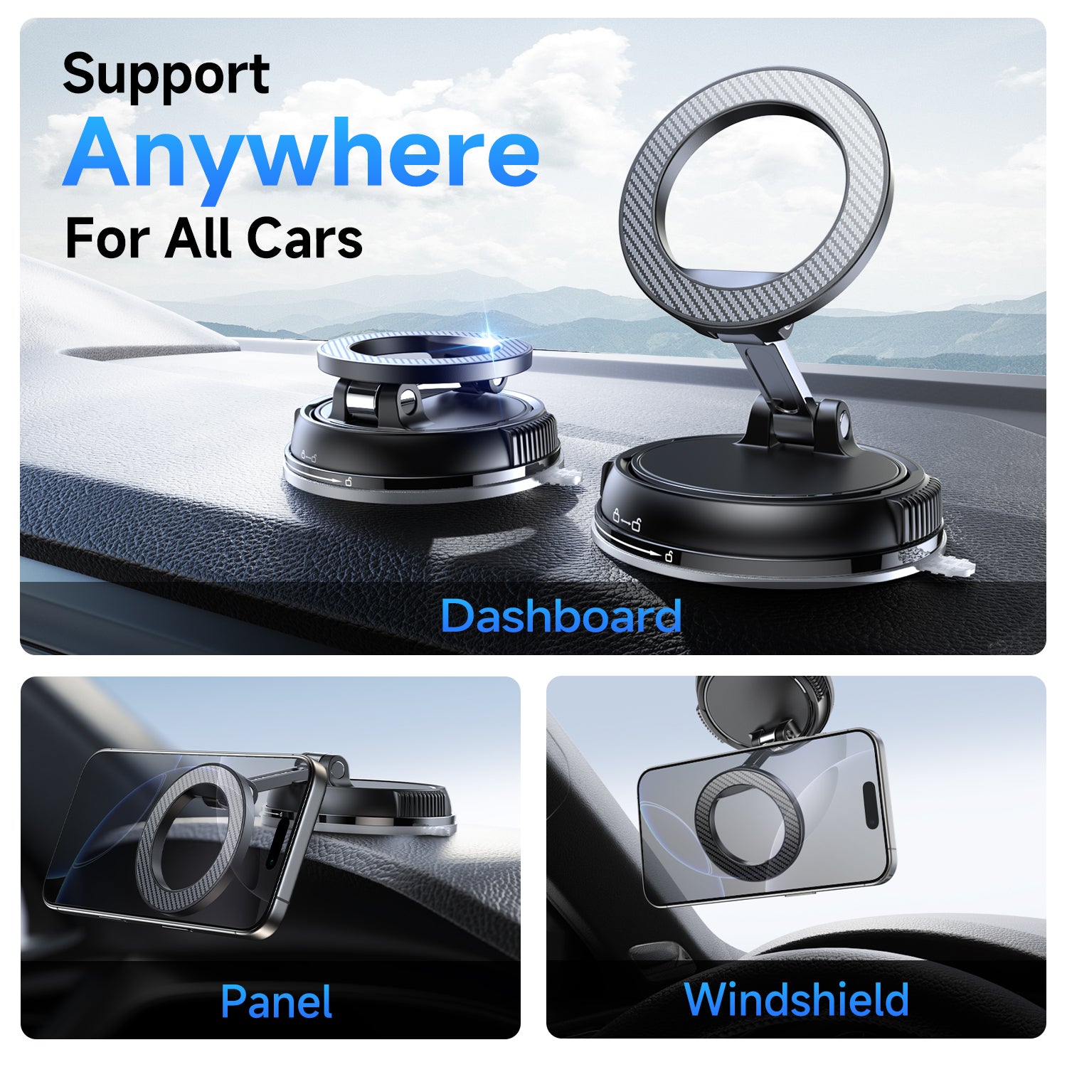 3-in-1 magnetic mount showing 360-degree portrait and landscape modes.
