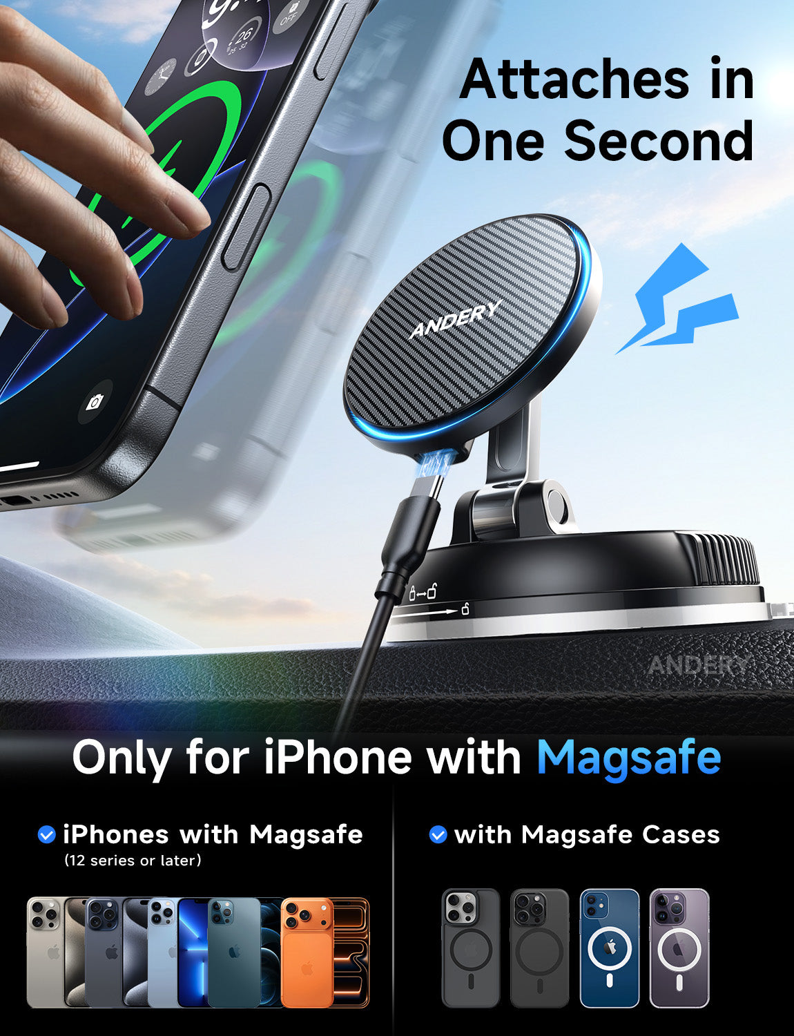 15W fast wireless charging magnetic mount for iPhone and Android.