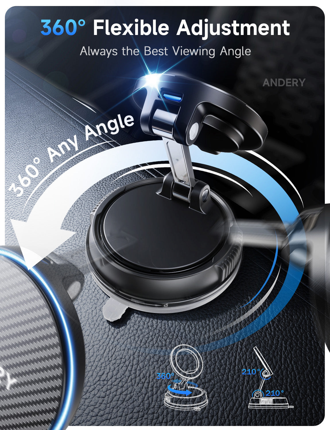 ANDERY Only for iPhone Magsafe Car Mount Charger [15W Fast Wireless Charging, 78+LBS Strong Suction 2400gf Strong Magnetic] 360° Adjustable Car Phone Holder, Phone Holders for Your Car for pats & mats
