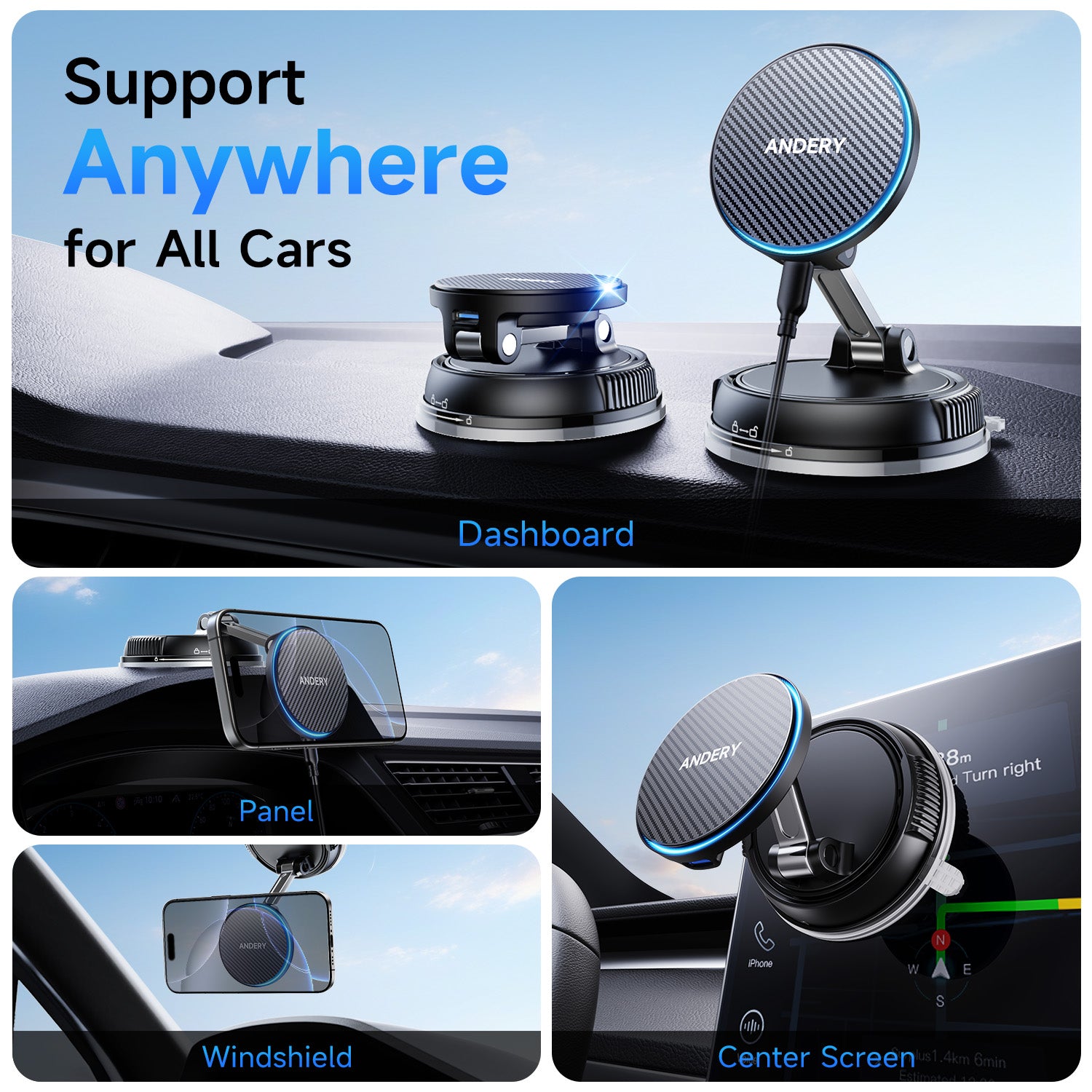 360-degree rotating magnetic car charger for windshield mounting.